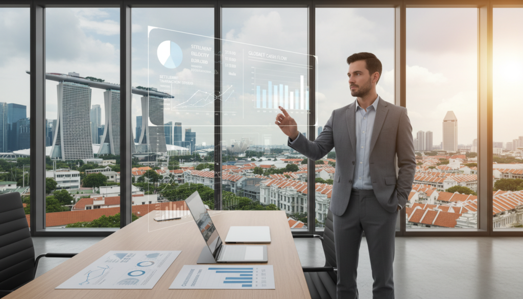 A modern office environment showcasing a sleek payment gateway setup. In the foreground, a professional businessperson in smart attire interacts with a digital dashboard displaying live analytics of settlement speeds and cash flow metrics. In the middle, a well-organized workspace featuring multi-currency charts, financial reports, and a laptop computer. The background features large windows with a panoramic view of Singapore's skyline, reflecting both modern and traditional elements. The lighting is bright and natural, creating an inspiring atmosphere, with a slight lens flare to add depth. The scene captures a sense of efficiency and professionalism, embodying the concepts of fast settlement, cash flow control, and multi-currency operations. Photorealistic details enhance the overall visual impact.