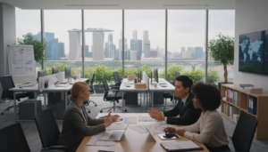 A modern office environment showcasing the concept of a branch office subsidiary. In the foreground, a diverse group of professionals (a Caucasian woman, an Asian man, and a Black woman) dressed in business attire, discussing over a conference table. The middle section features a sleek office setup with laptops, charts, and documents illustrating business operations. The background shows a panoramic view of Singapore's skyline through large glass windows, with greenery visible on the balcony. Soft, natural lighting enhances the professional atmosphere, while a slight lens blur emphasizes depth. The mood is focused and collaborative, reflecting a dynamic business environment, aiming to convey innovation and connectivity in a global market.