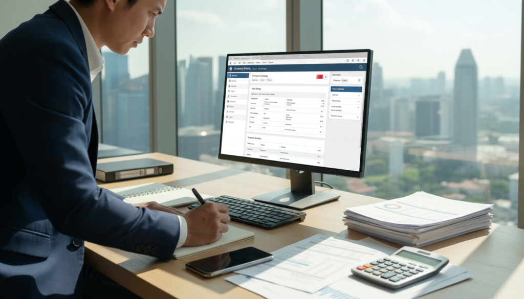 A modern office environment showing a computer screen displaying the QuickBooks Online dashboard, prominently featuring company settings setup for Singapore accounting. In the foreground, a focused professional in business attire is analyzing financial data on the screen, with a notepad and pen nearby. The middle ground includes a sleek desk with a smartphone, financial documents, and a calculator, emphasizing a productive workspace. The background showcases large windows with a view of Singapore's skyline, illuminated by natural sunlight, casting soft shadows. The mood is one of professionalism and efficiency, evoking a sense of clarity and organization in financial management. The scene is captured in a photorealistic style, with balanced lighting and a slight depth of field to enhance focus on the desk and digital screen.