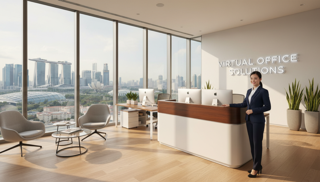 A modern office reception area in Singapore, featuring a sleek, minimalist design with a stylish front desk and comfortable seating. In the foreground, a professional woman in business attire stands confidently by the desk, engaging with an unseen visitor. The middle ground showcases a well-organized workspace with potted plants and a modern cityscape visible through large, glass windows. In the background, the skyline of Singapore is visible under soft, natural daylight, casting gentle shadows throughout the room. Use a wide-angle lens to capture the expansive feel of the space, with bright yet warm lighting to create an inviting atmosphere. The overall mood should convey professionalism and efficiency, emphasizing a virtual office environment.