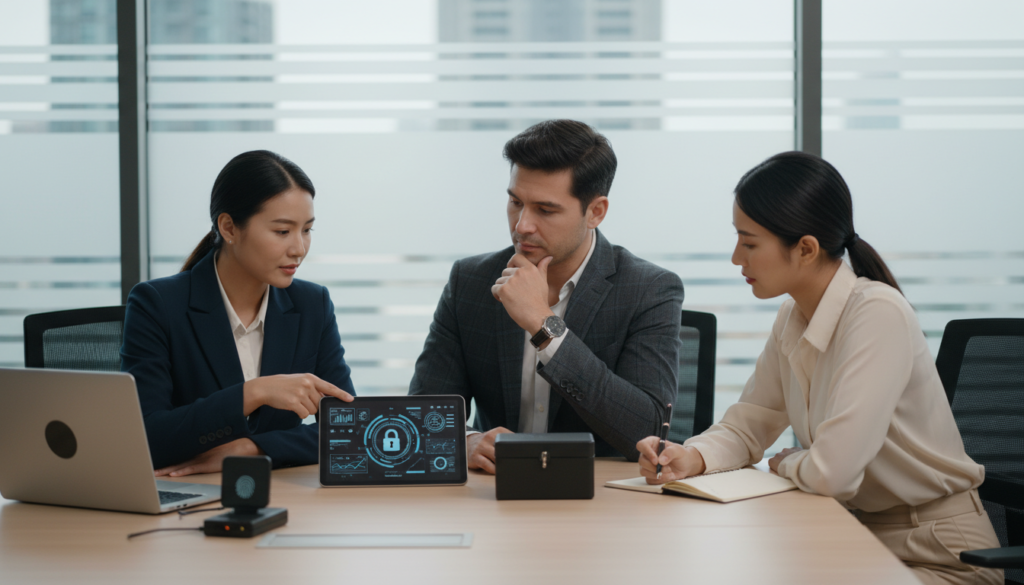 A modern office scene that conveys data protection and security, featuring a diverse group of three professionals engaged in a discussion. In the foreground, a woman in a navy suit is pointing to a digital tablet displaying secure data graphs, while a man in a gray suit looks on thoughtfully, and a woman in smart casual attire takes notes on a notepad. The middle ground shows a sleek desk with a laptop and security gadgets, like a lockbox and an external hard drive. The background consists of frosted glass windows that hint at a skyline view, with soft, diffused natural light streaming in, creating a calm and focused atmosphere. The overall mood reflects professionalism, collaboration, and commitment to data safety, captured with a balanced composition and a slight depth of field to emphasize the foreground.