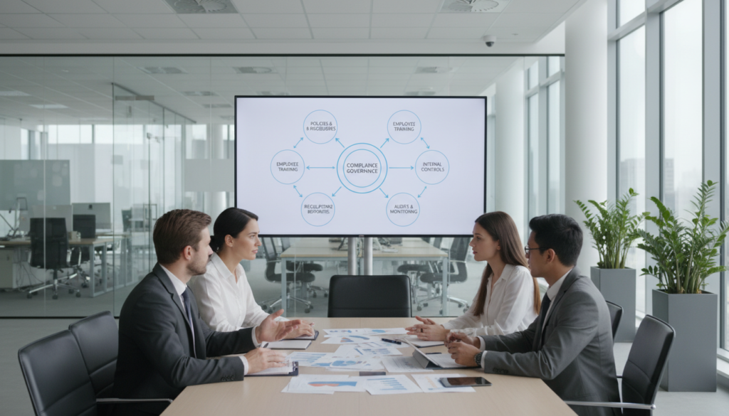 A modern office setting depicting a compliance management framework in practice. In the foreground, a diverse group of professionals—two men and two women—are engaged in a strategic meeting, dressed in smart business attire. They are surrounded by visual aids such as charts and documents displaying compliance metrics. In the middle, a large digital screen illustrates a compliance framework diagram with interconnected elements, representing policies, training, and audits. The background features a sleek, contemporary office design with glass walls, potted plants, and natural light filtering through, creating an open and collaborative atmosphere. The lighting is bright yet soft, emphasizing professionalism and focus. The angle captures the interaction amongst the team, reflecting a sense of commitment to compliance best practices. A modern office setting depicting a compliance management framework in practice. In the foreground, a diverse group of professionals—two men and two women—are engaged in a strategic meeting, dressed in smart business attire. They are surrounded by visual aids such as charts and documents displaying compliance metrics. In the middle, a large digital screen illustrates a compliance framework diagram with interconnected elements, representing policies, training, and audits. The background features a sleek, contemporary office design with glass walls, potted plants, and natural light filtering through, creating an open and collaborative atmosphere. The lighting is bright yet soft, emphasizing professionalism and focus. The angle captures the interaction amongst the team, reflecting a sense of commitment to compliance best practices.
