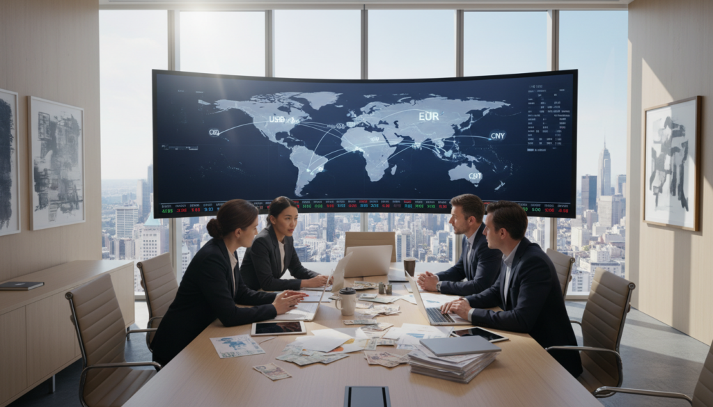 A modern office setting depicting global accounts for invoicing and holding funds in multiple currencies. In the foreground, a diverse group of business professionals—two men and two women—are engaged in a discussion around a sleek conference table covered with laptops, financial documents, and international currency notes. The middle ground features a large digital screen displaying world maps with currency symbols and real-time financial data. The background consists of large windows showcasing a city skyline under a bright, sunny day, allowing natural light to illuminate the scene. The overall atmosphere is vibrant and dynamic, reflecting a sense of collaboration and innovation in the realm of international finance. The image is captured in photorealistic style with a wide-angle lens, focusing on both the people and the modern workspace. A modern office setting depicting global accounts for invoicing and holding funds in multiple currencies. In the foreground, a diverse group of business professionals—two men and two women—are engaged in a discussion around a sleek conference table covered with laptops, financial documents, and international currency notes. The middle ground features a large digital screen displaying world maps with currency symbols and real-time financial data. The background consists of large windows showcasing a city skyline under a bright, sunny day, allowing natural light to illuminate the scene. The overall atmosphere is vibrant and dynamic, reflecting a sense of collaboration and innovation in the realm of international finance. The image is captured in photorealistic style with a wide-angle lens, focusing on both the people and the modern workspace.