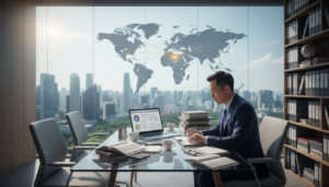 A modern office setting emphasizing the theme of international tax agreements. In the foreground, a professional Asian male tax advisor, dressed in a crisp suit, studies detailed documents at a sleek glass desk, with a laptop displaying graphs reflecting tax treaties. The middle layer showcases a large world map on the wall, highlighting Singapore and various countries involved in double tax agreements, surrounded by paper documents and tax calculators. The background features a large window with city skyline views, illuminated by natural daylight, casting soft shadows across the room. The overall atmosphere is one of clarity and professionalism, embodying the complexity of cross-border taxation and the importance of legal compliance in global finance.