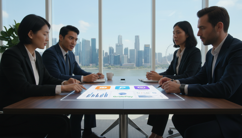 A modern office setting featuring a diverse group of four professionals gathered around a sleek conference table. The foreground shows a close-up of their hands examining a digital tablet displaying various payment gateway options, including graphs and icons. The middle-ground captures the group in business attire, deep in discussion, highlighting a mix of genders and ethnicities to represent inclusivity. In the background, large windows reveal a bright, sunny day in Singapore, with the iconic skyline subtly visible. The lighting is bright and natural, creating a vibrant atmosphere. The overall mood is focused and collaborative, emphasizing the importance of choosing the right payment gateway for different business types. Photorealistic detail enhances the professionalism of the scene.