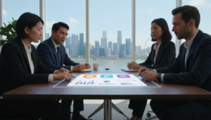 A modern office setting featuring a diverse group of four professionals gathered around a sleek conference table. The foreground shows a close-up of their hands examining a digital tablet displaying various payment gateway options, including graphs and icons. The middle-ground captures the group in business attire, deep in discussion, highlighting a mix of genders and ethnicities to represent inclusivity. In the background, large windows reveal a bright, sunny day in Singapore, with the iconic skyline subtly visible. The lighting is bright and natural, creating a vibrant atmosphere. The overall mood is focused and collaborative, emphasizing the importance of choosing the right payment gateway for different business types. Photorealistic detail enhances the professionalism of the scene.
