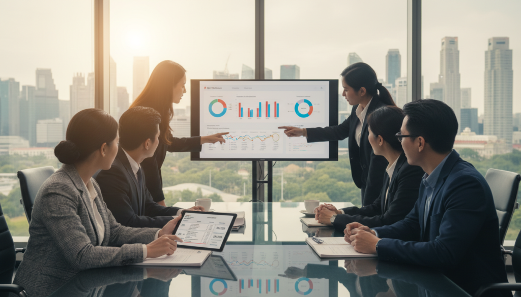 A modern office setting featuring a diverse team of professionals gathered around a sleek conference table, engaged in a payroll system discussion. In the foreground, a woman in business attire is reviewing digital payslips displayed on a tablet, showcasing Singapore dollar amounts (SGD). In the middle, a large monitor shows colorful graphs and payroll processing timelines. The background is filled with glass windows revealing the Singapore skyline, promoting a sense of innovation and growth. Soft natural lighting floods the room, creating an inviting atmosphere. The camera angle emphasizes the focus on teamwork and collaboration in managing payroll processes. Photorealistic details enhance the scene, from the textures of the clothing to the reflections on the tablet screen. A modern office setting featuring a diverse team of professionals gathered around a sleek conference table, engaged in a payroll system discussion. In the foreground, a woman in business attire is reviewing digital payslips displayed on a tablet, showcasing Singapore dollar amounts (SGD). In the middle, a large monitor shows colorful graphs and payroll processing timelines. The background is filled with glass windows revealing the Singapore skyline, promoting a sense of innovation and growth. Soft natural lighting floods the room, creating an inviting atmosphere. The camera angle emphasizes the focus on teamwork and collaboration in managing payroll processes. Photorealistic details enhance the scene, from the textures of the clothing to the reflections on the tablet screen.