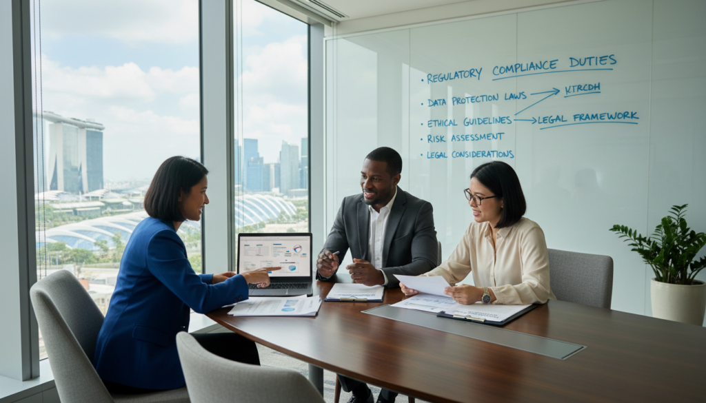 A modern office setting featuring a professional meeting room with a sleek conference table and comfortable chairs. In the foreground, a diverse group of three professional individuals, dressed in business attire, engage in a discussion while reviewing compliance documents on a laptop. The middle ground displays a large window with a view of Singapore’s skyline, emphasizing the city's dynamic business environment. In the background, a whiteboard filled with bullet points about regulatory compliance duties and legal considerations adds context. The lighting is bright and natural, coming from the window, creating an optimistic and focused atmosphere. The composition captures a sense of professionalism and diligence, reflecting the theme of compliance in business. A modern office setting featuring a professional meeting room with a sleek conference table and comfortable chairs. In the foreground, a diverse group of three professional individuals, dressed in business attire, engage in a discussion while reviewing compliance documents on a laptop. The middle ground displays a large window with a view of Singapore’s skyline, emphasizing the city's dynamic business environment. In the background, a whiteboard filled with bullet points about regulatory compliance duties and legal considerations adds context. The lighting is bright and natural, coming from the window, creating an optimistic and focused atmosphere. The composition captures a sense of professionalism and diligence, reflecting the theme of compliance in business.