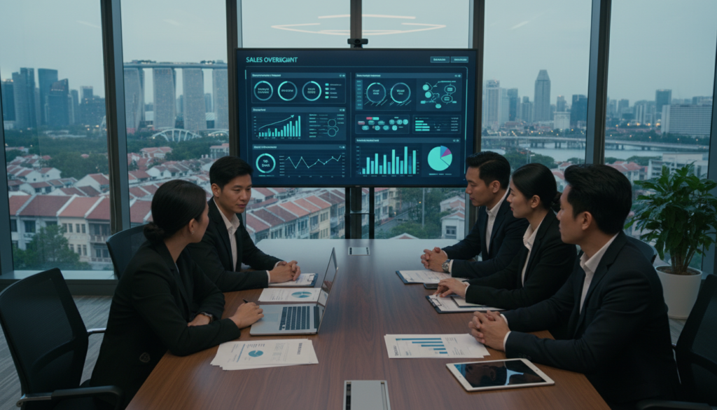 A modern office setting illustrating governance and confidentiality in remote sales operations. In the foreground, a diverse group of professionals in smart business attire, intently discussing data security measures, with a laptop displaying sales metrics open on a sleek conference table. The middle ground features a large screen showing a digital dashboard with graphs and charts, emphasizing transparency and oversight. In the background, a view of Singapore's skyline through large windows, highlighting the city's blend of tradition and innovation. Soft, ambient lighting creates a focused yet approachable atmosphere, with a slight bokeh effect emphasizing the professionals' engagement. The scene evokes a sense of trust and diligence in managing sensitive information within sales operations. A modern office setting illustrating governance and confidentiality in remote sales operations. In the foreground, a diverse group of professionals in smart business attire, intently discussing data security measures, with a laptop displaying sales metrics open on a sleek conference table. The middle ground features a large screen showing a digital dashboard with graphs and charts, emphasizing transparency and oversight. In the background, a view of Singapore's skyline through large windows, highlighting the city's blend of tradition and innovation. Soft, ambient lighting creates a focused yet approachable atmosphere, with a slight bokeh effect emphasizing the professionals' engagement. The scene evokes a sense of trust and diligence in managing sensitive information within sales operations.