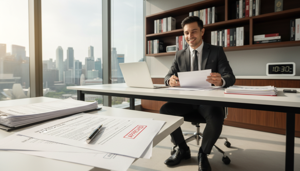 A modern office setting in Singapore, featuring a businessman in professional attire, sitting at a sleek desk filled with paperwork and a laptop, showcasing the new company registration process. In the foreground, a close-up view of a registration form, with a pen and a stamped approval document, catching the soft, natural light entering through large windows, enhancing the professionalism of the scene. The middle ground includes shelves with business books and a digital clock indicating the time, symbolizing efficiency and organization. In the background, the skyline of Singapore can be faintly seen through the glass window, adding depth and context. The atmosphere is one of productivity and accomplishment, highlighting the excitement of starting a new business venture. Photorealistic style, shot from a mid-angle to capture both the foreground details and the expansive background.