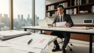 A modern office setting in Singapore, featuring a businessman in professional attire, sitting at a sleek desk filled with paperwork and a laptop, showcasing the new company registration process. In the foreground, a close-up view of a registration form, with a pen and a stamped approval document, catching the soft, natural light entering through large windows, enhancing the professionalism of the scene. The middle ground includes shelves with business books and a digital clock indicating the time, symbolizing efficiency and organization. In the background, the skyline of Singapore can be faintly seen through the glass window, adding depth and context. The atmosphere is one of productivity and accomplishment, highlighting the excitement of starting a new business venture. Photorealistic style, shot from a mid-angle to capture both the foreground details and the expansive background.