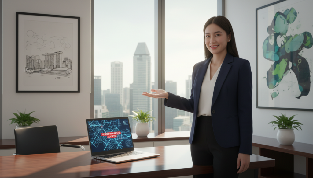 A modern office setting in Singapore, featuring a polished wooden desk with a sleek laptop open, displaying a digital map of Singapore. In the foreground, a professional woman in business attire gestures towards the computer screen, demonstrating the importance of a registered office address. The middle layer includes a large window with sunlight streaming in, illuminating the office and reflecting the cityscape of Singapore, showcasing iconic skyscrapers. The background includes a minimalistic design with green plants and a framed illustration of Singapore's skyline. The atmosphere is bright and inviting, conveying a sense of professionalism and compliance. Photorealistic style with soft lighting, captured at eye level to enhance the workspace dynamics. A modern office setting in Singapore, featuring a polished wooden desk with a sleek laptop open, displaying a digital map of Singapore. In the foreground, a professional woman in business attire gestures towards the computer screen, demonstrating the importance of a registered office address. The middle layer includes a large window with sunlight streaming in, illuminating the office and reflecting the cityscape of Singapore, showcasing iconic skyscrapers. The background includes a minimalistic design with green plants and a framed illustration of Singapore's skyline. The atmosphere is bright and inviting, conveying a sense of professionalism and compliance. Photorealistic style with soft lighting, captured at eye level to enhance the workspace dynamics.