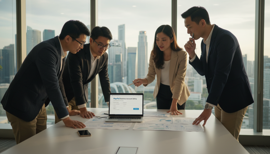 A modern office setting in Singapore, featuring a sleek, minimalist desk with a laptop displaying the PayPal business account setup interface. In the foreground, a diverse group of four professionals—two women and two men of Asian descent—are engaged in a discussion, all wearing smart casual attire. The middle ground shows a notepad, smartphone, and a few business documents scattered across the desk, emphasizing the planning process. In the background, large windows reveal a view of Singapore's skyline bathed in soft natural lighting, creating an inspiring atmosphere. The scene is captured with a slight depth of field, focusing on the professionals while softly blurring the background, allowing the viewer to feel the dynamic work environment.