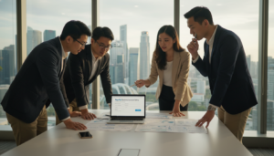 A modern office setting in Singapore, featuring a sleek, minimalist desk with a laptop displaying the PayPal business account setup interface. In the foreground, a diverse group of four professionals—two women and two men of Asian descent—are engaged in a discussion, all wearing smart casual attire. The middle ground shows a notepad, smartphone, and a few business documents scattered across the desk, emphasizing the planning process. In the background, large windows reveal a view of Singapore's skyline bathed in soft natural lighting, creating an inspiring atmosphere. The scene is captured with a slight depth of field, focusing on the professionals while softly blurring the background, allowing the viewer to feel the dynamic work environment.