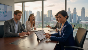A modern office setting in Singapore, showcasing a diverse group of four professionals gathered around a sleek conference table. The foreground features a middle-aged Asian woman in a smart suit, pointing at a compliance document on a tablet, representing foreign shareholder rights. Beside her, a young Caucasian man in business attire takes notes, visibly engaged. In the background, panoramic windows offer a stunning view of Singapore's skyline, rich with tall buildings and greenery. Soft, natural light floods the space, casting gentle shadows. The atmosphere is focused and collaborative, reflecting a serious yet constructive discussion about compliance responsibilities for foreign owners in Singapore companies. The image should be photorealistic, with an emphasis on professionalism and teamwork.