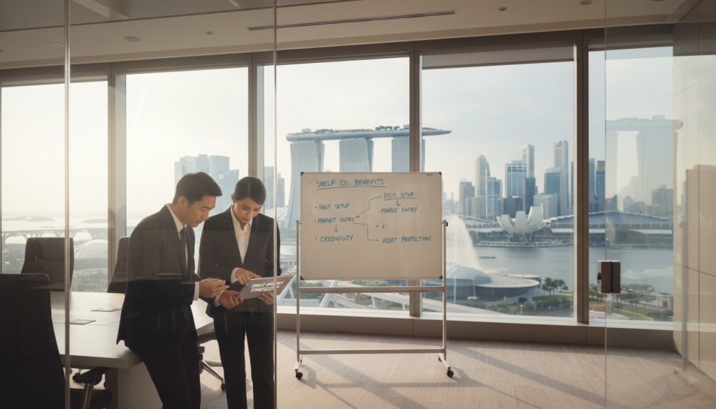 A modern office setting in Singapore with a sleek, glass conference room in the foreground, featuring a professional Asian man and woman in business attire discussing a shelf company strategy over a digital tablet. In the middle ground, a whiteboard displays diagrams and charts outlining the benefits of shelf companies. The background features a panoramic view of Singapore's skyline, showcasing iconic buildings like Marina Bay Sands and the Merlion statue. Soft natural lighting filters in through large windows, casting gentle shadows and creating a corporate yet inviting atmosphere. The image evokes a sense of strategic planning and opportunity, highlighting the essence of business growth in Singapore. Photorealistic detail with a focus on clarity and professionalism. A modern office setting in Singapore with a sleek, glass conference room in the foreground, featuring a professional Asian man and woman in business attire discussing a shelf company strategy over a digital tablet. In the middle ground, a whiteboard displays diagrams and charts outlining the benefits of shelf companies. The background features a panoramic view of Singapore's skyline, showcasing iconic buildings like Marina Bay Sands and the Merlion statue. Soft natural lighting filters in through large windows, casting gentle shadows and creating a corporate yet inviting atmosphere. The image evokes a sense of strategic planning and opportunity, highlighting the essence of business growth in Singapore. Photorealistic detail with a focus on clarity and professionalism.