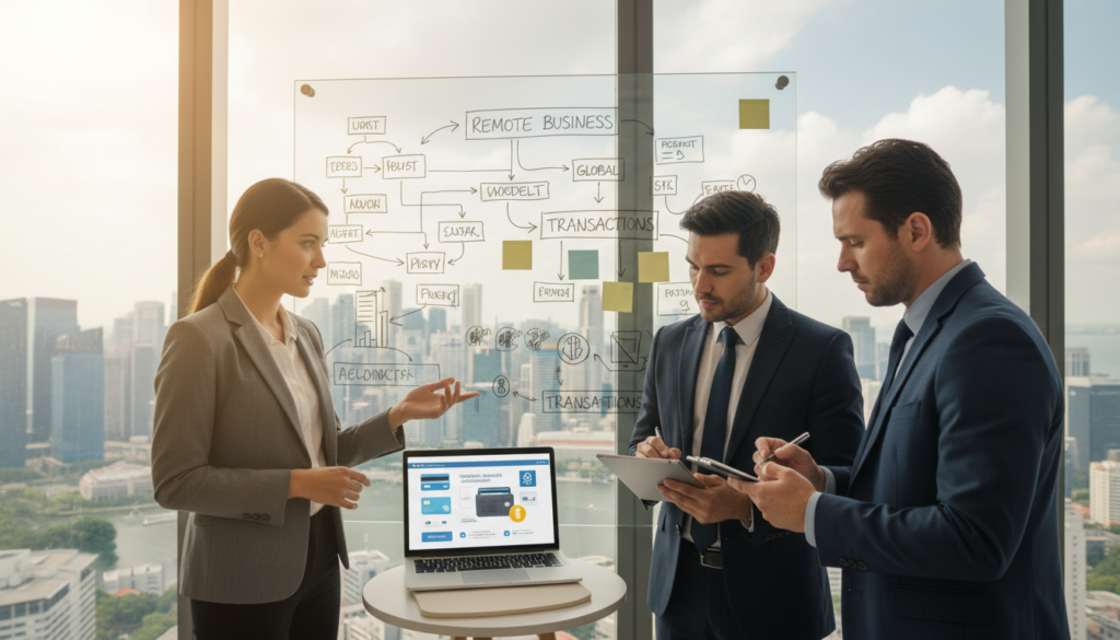 A modern office setting showcasing a diverse group of four professionals engaged in a digital payment discussion. In the foreground, a woman in business attire points at a laptop screen displaying a digital payment interface, while a man in a suit takes notes on his tablet. In the middle ground, a whiteboard is filled with diagrams illustrating different payment solutions, emphasizing remote business models. The background features a panoramic window with a view of Singapore's skyline, highlighting an atmosphere of innovation and connectivity. Soft, natural lighting filters through, creating a warm and inviting ambiance. The angle is slightly elevated, providing a clear view of the collaborative effort. The overall mood is focused and professional, suitable for the theme of digital payment solutions. A modern office setting showcasing a diverse group of four professionals engaged in a digital payment discussion. In the foreground, a woman in business attire points at a laptop screen displaying a digital payment interface, while a man in a suit takes notes on his tablet. In the middle ground, a whiteboard is filled with diagrams illustrating different payment solutions, emphasizing remote business models. The background features a panoramic window with a view of Singapore's skyline, highlighting an atmosphere of innovation and connectivity. Soft, natural lighting filters through, creating a warm and inviting ambiance. The angle is slightly elevated, providing a clear view of the collaborative effort. The overall mood is focused and professional, suitable for the theme of digital payment solutions.