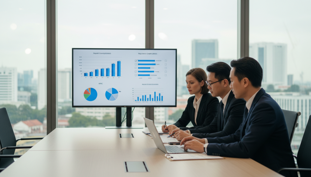 A modern office setting showcasing a payroll compliance support team focused on HR solutions for businesses in Singapore. In the foreground, a diverse group of three professionals are seated around a sleek conference table, analyzing payroll data on a laptop, wearing elegant business attire. The middle ground features a large digital screen displaying graphs and compliance checklists relevant to the APAC region. In the background, large windows offer a view of a bustling Singapore skyline, illuminated by soft natural light, creating a vibrant yet professional atmosphere. Use a shallow depth of field to emphasize the team while softly blurring the details in the background, capturing a focus on collaboration and expertise in payroll compliance.