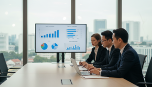 A modern office setting showcasing a payroll compliance support team focused on HR solutions for businesses in Singapore. In the foreground, a diverse group of three professionals are seated around a sleek conference table, analyzing payroll data on a laptop, wearing elegant business attire. The middle ground features a large digital screen displaying graphs and compliance checklists relevant to the APAC region. In the background, large windows offer a view of a bustling Singapore skyline, illuminated by soft natural light, creating a vibrant yet professional atmosphere. Use a shallow depth of field to emphasize the team while softly blurring the details in the background, capturing a focus on collaboration and expertise in payroll compliance.