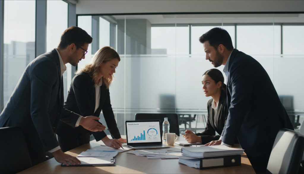 A modern office setting showcasing the concept of a private limited company. In the foreground, a diverse group of professionals in smart business attire is gathered around a conference table, examining documents and discussing strategies. The middle ground features a sleek laptop displaying financial graphs and a structural diagram of a private limited company, accompanied by stacks of paperwork and a coffee mug. In the background, large windows let in sunlight, illuminating the room and reflecting on glass panels that symbolize transparency and professionalism. The atmosphere is focused and collaborative, evoking a sense of ambition and clarity, with soft, natural lighting casting gentle shadows. The composition is balanced, emphasizing teamwork and corporate identity, perfectly illustrating the key elements of company structure choice.