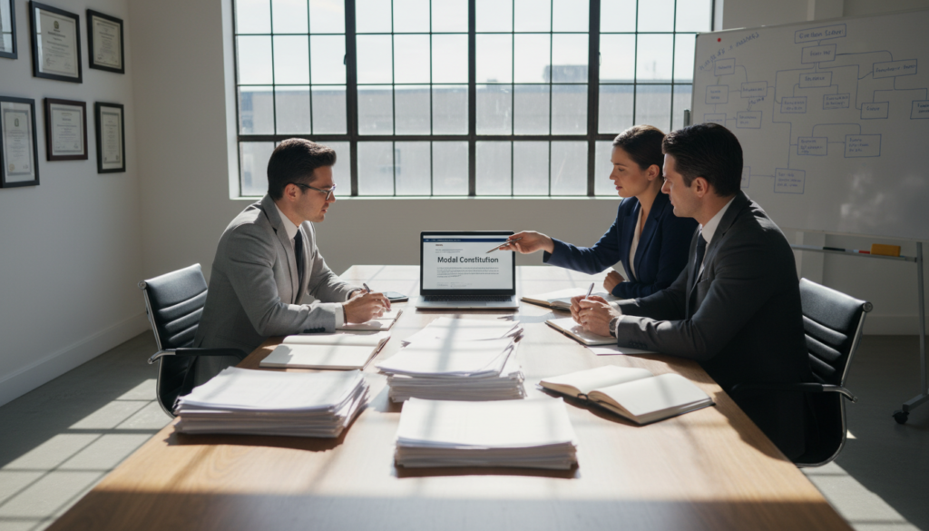 A modern office setting with a large wooden conference table in the foreground, filled with documents and a laptop open to a digital file named "Model Constitution." In the middle, a diverse group of three professionals—two men and one woman—dressed in smart business attire, engaged in a discussion. The woman points at the laptop screen, while the men lean in, taking notes. In the background, a large window lets in natural light, illuminating the room and casting soft shadows. The walls are adorned with framed certificates and a whiteboard displaying flowcharts. The atmosphere is focused and collaborative, emphasizing the importance of legal discussions around company constitutions. Photorealistic rendering, taken with a 35mm lens for depth.