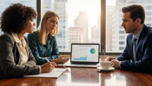 A modern office setting with a sleek conference table and a laptop open, showcasing graphs related to customer due diligence. In the foreground, a diverse group of three professionals—two women and one man—are engaged in a focused discussion. They are dressed in professional business attire, with the women in tailored blouses and the man in a sharp suit. In the middle, view a notepad with handwritten notes and a coffee cup to add a casual touch. The background features a large window with natural light streaming in, enhancing the atmosphere of professionalism and collaboration. The image captures a sense of diligence and attention to detail, evoking a serious yet inviting mood. The perspective is slightly angled to emphasize the group's interaction, with a soft depth of field focusing on their expressions.