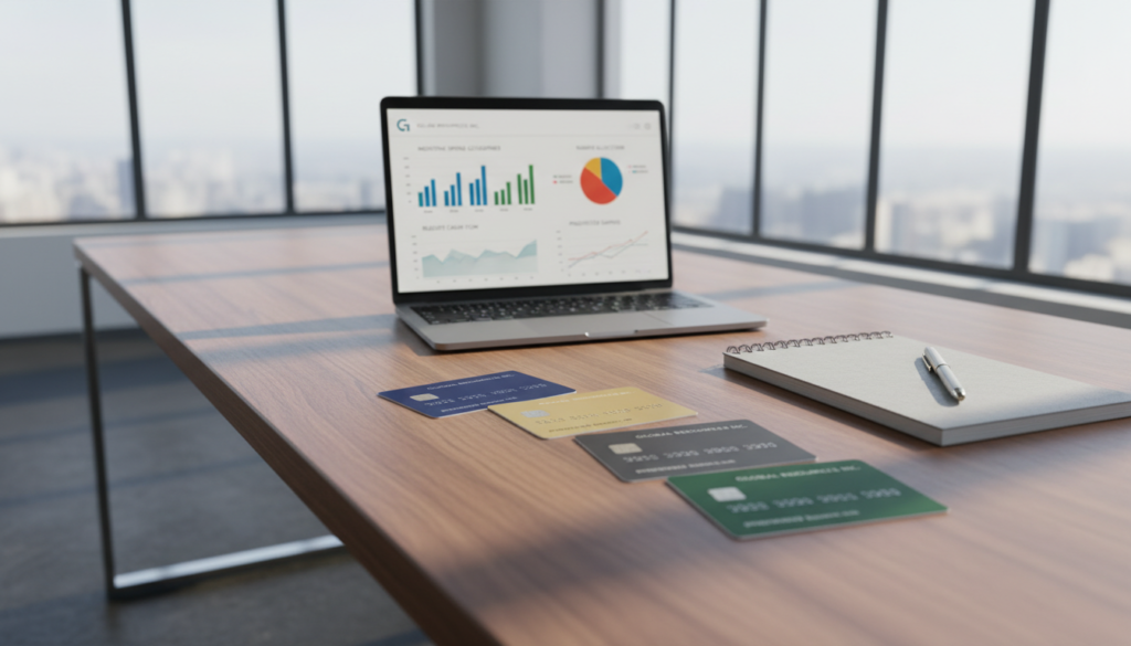A modern office setting with a sleek, minimalistic design, featuring a large wooden desk at the foreground. Lying on the desk, an array of corporate credit cards in different colors, with elegant branding visible on the cards. In the middle ground, a laptop displays a colorful financial dashboard on its screen with graphs and charts representing budget management and spend controls. A stylish notepad and pen are placed next to the laptop. The background reveals large windows allowing natural light to stream in, casting soft shadows across the desk, creating a warm and professional atmosphere. The room is devoid of clutter, emphasizing organization and efficiency, which reflects the theme of tighter budget management. Photorealistic style, bright lighting, slight depth of field effect with an angle from above. A modern office setting with a sleek, minimalistic design, featuring a large wooden desk at the foreground. Lying on the desk, an array of corporate credit cards in different colors, with elegant branding visible on the cards. In the middle ground, a laptop displays a colorful financial dashboard on its screen with graphs and charts representing budget management and spend controls. A stylish notepad and pen are placed next to the laptop. The background reveals large windows allowing natural light to stream in, casting soft shadows across the desk, creating a warm and professional atmosphere. The room is devoid of clutter, emphasizing organization and efficiency, which reflects the theme of tighter budget management. Photorealistic style, bright lighting, slight depth of field effect with an angle from above.