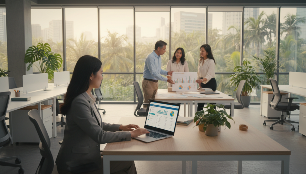 A modern office space featuring a diverse group of professionals prepared to use QuickBooks Online for their accounting setup in Singapore. In the foreground, a focused young Asian woman in professional attire is seated at a sleek desk, using a laptop with the QuickBooks Online interface open on the screen. In the middle, a middle-aged man in business casual is discussing strategies with a colleague, pointing at a document spread on the table filled with financial graphs. The background shows a bright, well-organized office with large windows letting in natural light, framed by tropical plants typical of Singapore. The atmosphere is collaborative and energetic, with a sense of professionalism in the air. Use soft, warm lighting for a welcoming feel, and capture the scene from a slightly elevated angle, giving a comprehensive view of the workplace dynamics.