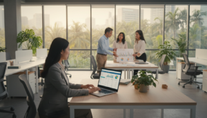 A modern office space featuring a diverse group of professionals prepared to use QuickBooks Online for their accounting setup in Singapore. In the foreground, a focused young Asian woman in professional attire is seated at a sleek desk, using a laptop with the QuickBooks Online interface open on the screen. In the middle, a middle-aged man in business casual is discussing strategies with a colleague, pointing at a document spread on the table filled with financial graphs. The background shows a bright, well-organized office with large windows letting in natural light, framed by tropical plants typical of Singapore. The atmosphere is collaborative and energetic, with a sense of professionalism in the air. Use soft, warm lighting for a welcoming feel, and capture the scene from a slightly elevated angle, giving a comprehensive view of the workplace dynamics.