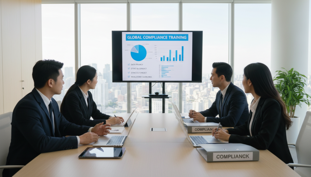 A modern office training room filled with diverse professionals engaged in a compliance training session. In the foreground, a group of four individuals, two men and two women, seated around a sleek conference table. They are dressed in professional business attire, actively discussing compliance materials laid out in front of them. In the middle ground, a large screen displays a compliance training presentation with graphs and checklists. The background features a bright, airy office space with floor-to-ceiling windows, allowing natural light to stream in, creating an uplifting atmosphere. The overall mood is focused and collaborative, conveying a sense of learning and corporate responsibility. The image is photorealistic, captured with a slight wide-angle lens to emphasize the room's spaciousness. A modern office training room filled with diverse professionals engaged in a compliance training session. In the foreground, a group of four individuals, two men and two women, seated around a sleek conference table. They are dressed in professional business attire, actively discussing compliance materials laid out in front of them. In the middle ground, a large screen displays a compliance training presentation with graphs and checklists. The background features a bright, airy office space with floor-to-ceiling windows, allowing natural light to stream in, creating an uplifting atmosphere. The overall mood is focused and collaborative, conveying a sense of learning and corporate responsibility. The image is photorealistic, captured with a slight wide-angle lens to emphasize the room's spaciousness.