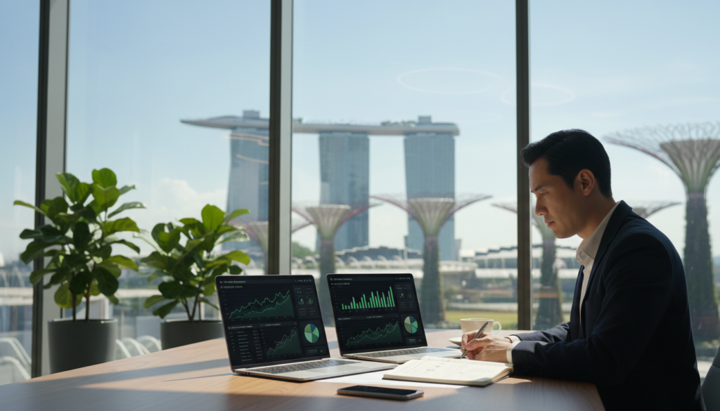 A modern office workspace in Singapore, showcasing a clean and organized desk with two laptops open, displaying review graphs and analytics. In the foreground, a professional in business attire studies the data thoughtfully, with a pen and notebook beside him. In the middle, an elegant glass window reflects the Singapore skyline, featuring contemporary architecture, like the Marina Bay Sands and the Gardens by the Bay. Soft, natural lighting streams in, creating a warm atmosphere. The background includes potted plants, adding a touch of greenery to the tech-savvy environment. The overall mood is one of focus and innovation, capturing the essence of a fast-scaling global employment platform in action.