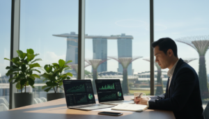 A modern office workspace in Singapore, showcasing a clean and organized desk with two laptops open, displaying review graphs and analytics. In the foreground, a professional in business attire studies the data thoughtfully, with a pen and notebook beside him. In the middle, an elegant glass window reflects the Singapore skyline, featuring contemporary architecture, like the Marina Bay Sands and the Gardens by the Bay. Soft, natural lighting streams in, creating a warm atmosphere. The background includes potted plants, adding a touch of greenery to the tech-savvy environment. The overall mood is one of focus and innovation, capturing the essence of a fast-scaling global employment platform in action.