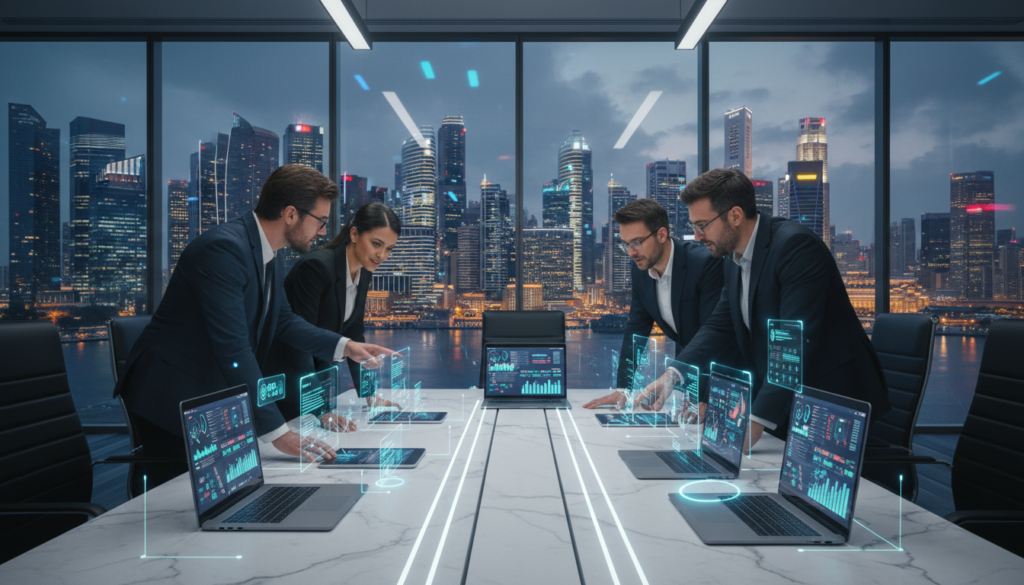 A modern, photorealistic depiction of various digital payment systems, showcasing an array of devices like smartphones, tablets, and laptops displaying cryptocurrency wallets and blockchain graphs. In the foreground, a diverse group of professionals in business attire engage in discussion around a sleek, futuristic table with holographic interfaces projecting digital currencies and payment transactions. The middle ground features a stylish, modern office environment with large windows revealing the Singapore skyline, symbolizing innovation and growth in fintech. Soft, ambient lighting enhances the professional atmosphere, while reflections of neon lights from the cityscape add a dynamic feel. The image conveys a sense of progress and collaboration in a leading market for crypto-friendly business banking and payments.