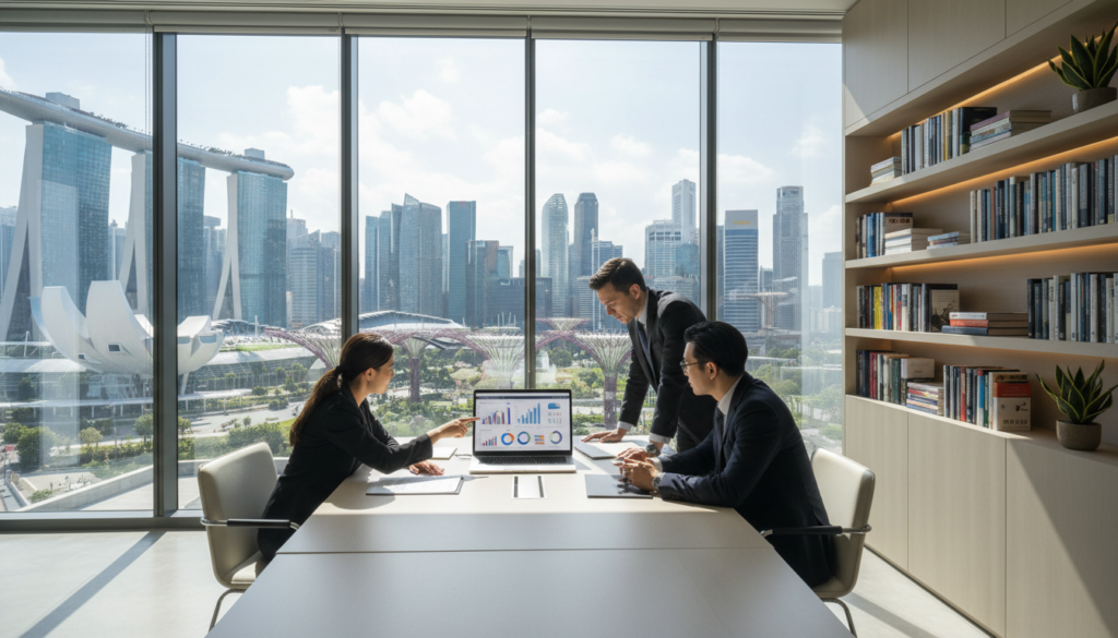 A modern, photorealistic office environment dedicated to banking financial services, showcasing a group of three professionals in business attire engaged in a collaborative meeting around a sleek conference table. The foreground features a focused discussion on financial charts and graphs displayed on a laptop, with one individual pointing at the data. In the middle, a large window reveals a panoramic view of Singapore's skyline, filled with iconic skyscrapers under a bright, sunny sky. The background includes shelves with financial books and decorative plants, creating a warm and inviting atmosphere. Soft, natural lighting illuminates the room, casting gentle shadows. The mood is one of professionalism and strategic thinking, emphasizing the high-stakes world of FX management and treasury operations.