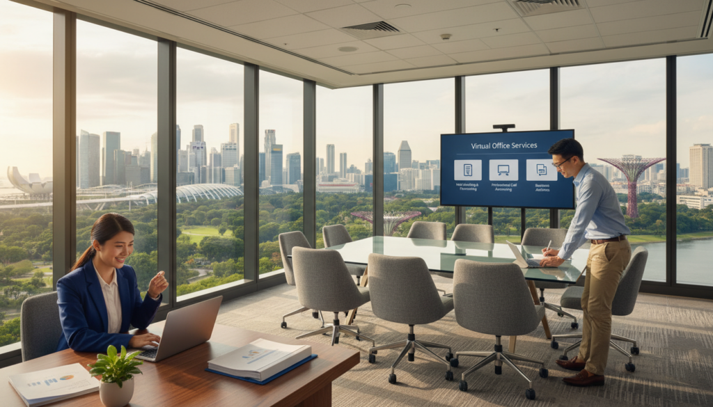 A modern, photorealistic office setting in Singapore, showcasing various corporate services that complement a virtual office. In the foreground, a sleek wooden desk with a laptop, a potted plant, and a stack of business reports. To the left, a professional woman in a smart business suit engages in a video call, while to the right, a man in smart casual attire reviews documents. In the middle ground, an elegant meeting area features a glass conference table surrounded by modern chairs and a digital display showcasing service offerings like mail handling and call answering. The background includes a panoramic view of Singapore’s skyline with tall buildings and greenery, illuminated by warm natural lighting that creates a welcoming and productive atmosphere. A modern, photorealistic office setting in Singapore, showcasing various corporate services that complement a virtual office. In the foreground, a sleek wooden desk with a laptop, a potted plant, and a stack of business reports. To the left, a professional woman in a smart business suit engages in a video call, while to the right, a man in smart casual attire reviews documents. In the middle ground, an elegant meeting area features a glass conference table surrounded by modern chairs and a digital display showcasing service offerings like mail handling and call answering. The background includes a panoramic view of Singapore’s skyline with tall buildings and greenery, illuminated by warm natural lighting that creates a welcoming and productive atmosphere.