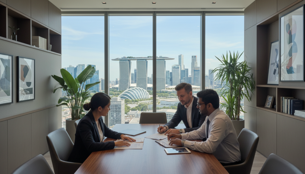 A modern, professional office environment representing a "Private Limited" company in Singapore. In the foreground, a diverse group of three professionals—a Southeast Asian woman, a Caucasian man, and an Indian man—discuss corporate documents around a sleek wooden conference table, all dressed in smart business attire. In the middle ground, a glass window overlooks the iconic Singapore skyline, with the Marina Bay Sands and other skyscrapers visible. The lighting is bright and natural, creating an optimistic and collaborative atmosphere. The background features contemporary office decor, with indoor plants and modern artworks that reflect a vibrant yet professional ambiance, captured from a slightly elevated angle for a dynamic view. A modern, professional office environment representing a "Private Limited" company in Singapore. In the foreground, a diverse group of three professionals—a Southeast Asian woman, a Caucasian man, and an Indian man—discuss corporate documents around a sleek wooden conference table, all dressed in smart business attire. In the middle ground, a glass window overlooks the iconic Singapore skyline, with the Marina Bay Sands and other skyscrapers visible. The lighting is bright and natural, creating an optimistic and collaborative atmosphere. The background features contemporary office decor, with indoor plants and modern artworks that reflect a vibrant yet professional ambiance, captured from a slightly elevated angle for a dynamic view.
