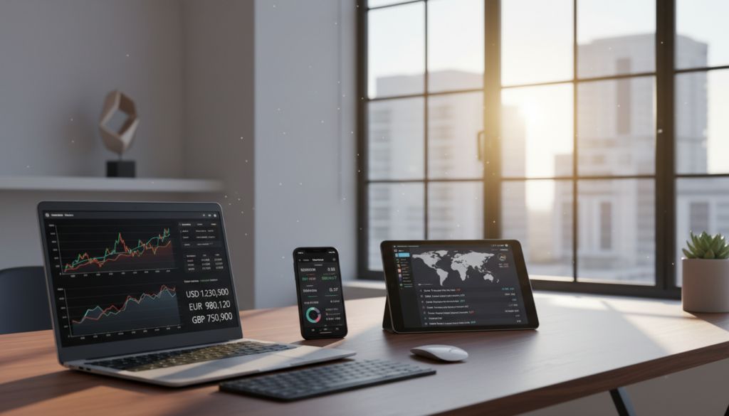 A modern, professional workspace featuring a sleek desk with multiple digital devices showcasing various currencies on their screens. In the foreground, a high-resolution laptop displays vibrant graphs and multi-currency balances, with a smartphone beside it showing currency exchange rates. The middle ground features a digital tablet lying open with an app for managing global transactions. In the background, a large window allows natural light to pour in, illuminating the space with a warm glow. The atmosphere is focused and productive, with a minimalist decor that suggests sophistication. The scene conveys the essence of remote banking for international clients, emphasizing organization and efficiency. A modern, professional workspace featuring a sleek desk with multiple digital devices showcasing various currencies on their screens. In the foreground, a high-resolution laptop displays vibrant graphs and multi-currency balances, with a smartphone beside it showing currency exchange rates. The middle ground features a digital tablet lying open with an app for managing global transactions. In the background, a large window allows natural light to pour in, illuminating the space with a warm glow. The atmosphere is focused and productive, with a minimalist decor that suggests sophistication. The scene conveys the essence of remote banking for international clients, emphasizing organization and efficiency.