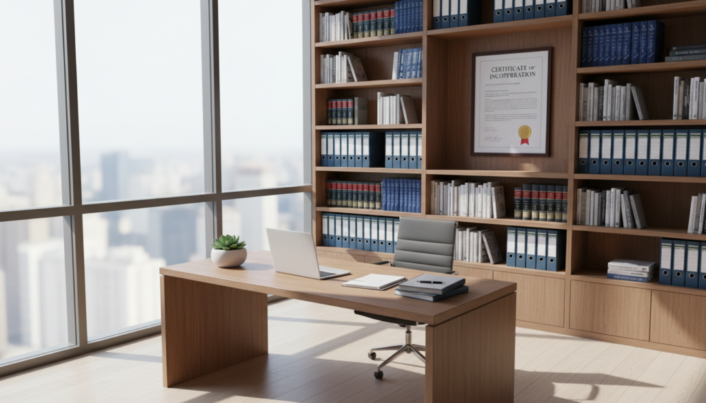 A modern registered office interior, emphasizing professionalism and compliance. In the foreground, a sleek wooden desk with a laptop, financial documents, and a potted plant, symbolizing business operations. The middle layer features a large window allowing natural light to flood the space, casting soft shadows and enhancing the brightness. In the background, shelves filled with corporate law books and a framed certificate of incorporation on the wall. The atmosphere should feel organized and inviting, conveying a sense of reliability and order. Use soft, diffused lighting to create a serene mood, shot at a slight angle from above to capture the depth of the space in photorealistic detail. No people are present in this image. A modern registered office interior, emphasizing professionalism and compliance. In the foreground, a sleek wooden desk with a laptop, financial documents, and a potted plant, symbolizing business operations. The middle layer features a large window allowing natural light to flood the space, casting soft shadows and enhancing the brightness. In the background, shelves filled with corporate law books and a framed certificate of incorporation on the wall. The atmosphere should feel organized and inviting, conveying a sense of reliability and order. Use soft, diffused lighting to create a serene mood, shot at a slight angle from above to capture the depth of the space in photorealistic detail. No people are present in this image.