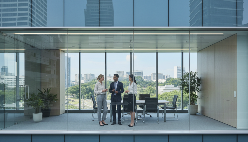 A modern representative office in Singapore, viewed from a slightly elevated angle, showcasing a sleek glass exterior with subtle reflections of the cityscape. In the foreground, a group of three diverse professionals (a Caucasian woman, a South Asian man, and an East Asian woman) is engaged in a discussion, all dressed in smart business attire. The middle ground features minimalist office furniture, including a large conference table and potted plants, while the background reveals floor-to-ceiling windows displaying iconic Singaporean buildings and greenery under clear blue skies. Soft, natural lighting illuminates the space, creating a professional and inviting atmosphere, perfect for foreign companies exploring local operations. Emphasize a photorealistic style to highlight the modernity and functionality of the environment. A modern representative office in Singapore, viewed from a slightly elevated angle, showcasing a sleek glass exterior with subtle reflections of the cityscape. In the foreground, a group of three diverse professionals (a Caucasian woman, a South Asian man, and an East Asian woman) is engaged in a discussion, all dressed in smart business attire. The middle ground features minimalist office furniture, including a large conference table and potted plants, while the background reveals floor-to-ceiling windows displaying iconic Singaporean buildings and greenery under clear blue skies. Soft, natural lighting illuminates the space, creating a professional and inviting atmosphere, perfect for foreign companies exploring local operations. Emphasize a photorealistic style to highlight the modernity and functionality of the environment.