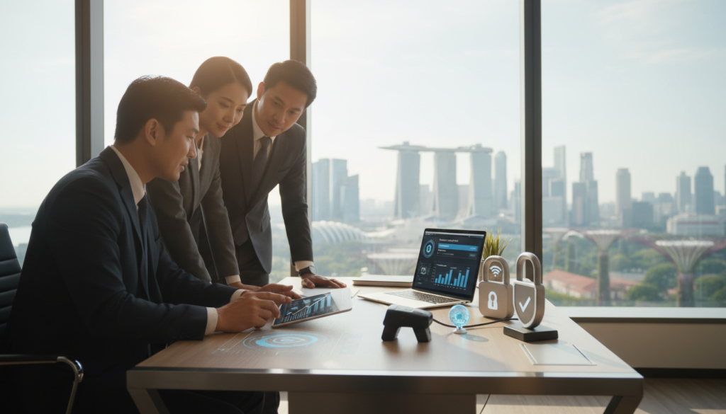 A modern, secure payment processing scene in a sleek office environment. In the foreground, a diverse group of three business professionals, two men and one woman, all dressed in smart business attire, are intently discussing a digital tablet displaying graphs and security icons. The middle layer features a stylish desk with a laptop opened to a secure payment platform, surrounded by security-related items like a fingerprint scanner and digital locks. The background shows a large window overlooking a panoramic view of Singapore’s skyline, bathed in natural sunlight, creating a professional and optimistic atmosphere. The overall mood is one of confidence and security, captured with a warm and inviting ambience using soft lighting and a slight depth of field to emphasize the subjects in focus while subtly blurring the background. Photorealistic details enhance the scene's authenticity. A modern, secure payment processing scene in a sleek office environment. In the foreground, a diverse group of three business professionals, two men and one woman, all dressed in smart business attire, are intently discussing a digital tablet displaying graphs and security icons. The middle layer features a stylish desk with a laptop opened to a secure payment platform, surrounded by security-related items like a fingerprint scanner and digital locks. The background shows a large window overlooking a panoramic view of Singapore’s skyline, bathed in natural sunlight, creating a professional and optimistic atmosphere. The overall mood is one of confidence and security, captured with a warm and inviting ambience using soft lighting and a slight depth of field to emphasize the subjects in focus while subtly blurring the background. Photorealistic details enhance the scene's authenticity.