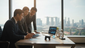 A modern, secure payment processing scene in a sleek office environment. In the foreground, a diverse group of three business professionals, two men and one woman, all dressed in smart business attire, are intently discussing a digital tablet displaying graphs and security icons. The middle layer features a stylish desk with a laptop opened to a secure payment platform, surrounded by security-related items like a fingerprint scanner and digital locks. The background shows a large window overlooking a panoramic view of Singapore’s skyline, bathed in natural sunlight, creating a professional and optimistic atmosphere. The overall mood is one of confidence and security, captured with a warm and inviting ambience using soft lighting and a slight depth of field to emphasize the subjects in focus while subtly blurring the background. Photorealistic details enhance the scene's authenticity.