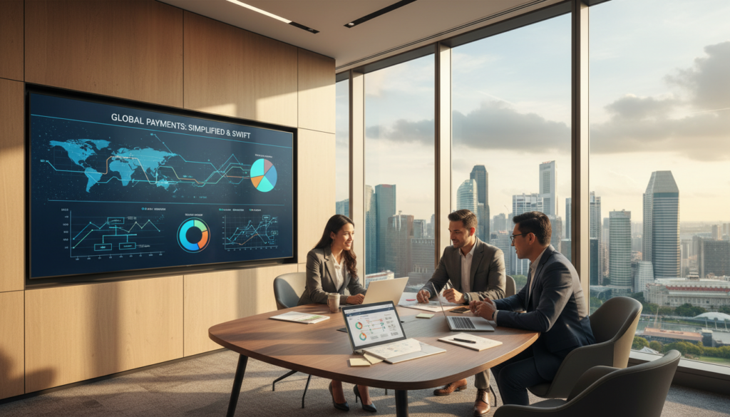 A modern, spacious office environment with large windows allowing natural light to flood the room. In the foreground, a diverse group of professionals in business attire—two men and one woman—are engaged in a discussion around a sleek conference table, with a laptop and documents illustrating payment workflows. In the middle, a large digital screen displays graphs and charts related to international payments, subtly highlighting the concept of streamlined transactions. The background features a city skyline visible through the windows, representing Singapore's modern business landscape. The overall color palette is warm and inviting, conveying a sense of productivity and collaboration in a contemporary workspace. The atmosphere is focused yet energized, emphasizing innovation and efficiency in remote business practices. A modern, spacious office environment with large windows allowing natural light to flood the room. In the foreground, a diverse group of professionals in business attire—two men and one woman—are engaged in a discussion around a sleek conference table, with a laptop and documents illustrating payment workflows. In the middle, a large digital screen displays graphs and charts related to international payments, subtly highlighting the concept of streamlined transactions. The background features a city skyline visible through the windows, representing Singapore's modern business landscape. The overall color palette is warm and inviting, conveying a sense of productivity and collaboration in a contemporary workspace. The atmosphere is focused yet energized, emphasizing innovation and efficiency in remote business practices.