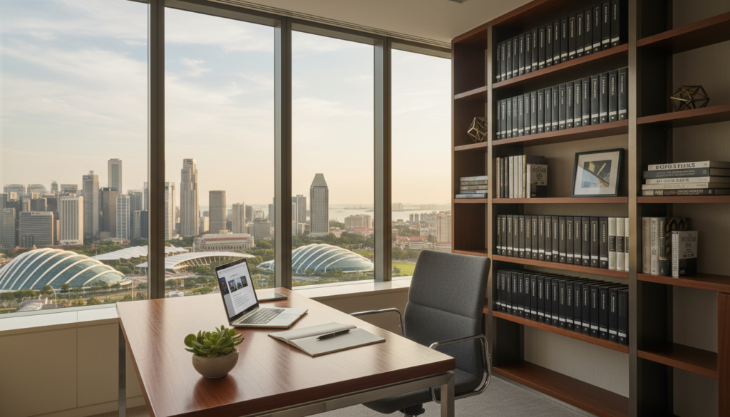 A modern virtual office setting in Singapore, showcasing a sleek and minimalist workspace. In the foreground, a polished wooden desk is arranged with a laptop, a notepad, and a potted plant, emphasizing productivity. A comfortable office chair sits adjacent to the desk. The middle ground features a large window with an urban skyline view, showing iconic Singapore buildings, bathed in warm, natural sunlight. The background includes a stylish bookshelf filled with business books and decorative items, reflecting a professional atmosphere. The lighting is soft and inviting, creating a sense of calm and focus. The image captures a contemporary and efficient work environment, evoking the essence of virtual office addresses in a dynamic city.