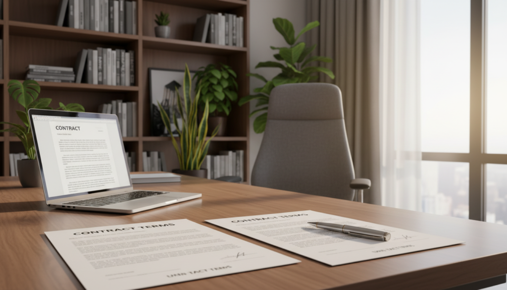 A modern virtual office setting, showcasing a sleek, stylish workspace with a large wooden desk and a laptop open displaying a digital document. In the foreground, a pair of neatly arranged contract documents titled 'Contract Terms' along with a stylish pen, reflecting photorealistic detail. In the middle ground, a comfortable ergonomic chair and a large window allowing natural light to flood the room, illuminating the space with a warm glow. In the background, a bookshelf filled with business books and plants that add a touch of greenery, creating a professional yet inviting atmosphere. The overall mood is focused and scholarly, emphasizing the importance of understanding contract terms in business. The image captures a sense of clarity and professionalism, highlighting details without any text overlays or distractions.