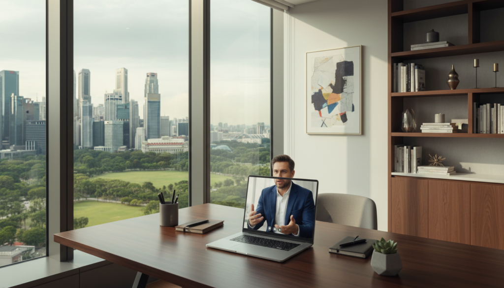 A modern virtual office setup in Singapore, showcasing a sleek desk with a high-end laptop, organized stationery, and a stylish plant. In the foreground, a well-dressed professional in business attire is engaged in a video call, exuding focus and professionalism. The middle ground features a large window with a view of iconic Singaporean skyscrapers and greenery, highlighting the city’s vibrant atmosphere. In the background, elements of a contemporary office space, such as artwork and bookshelves, create a sense of productivity. Soft, natural lighting pours in from the window, illuminating the workspace and casting gentle shadows. The overall mood is inspiring and efficient, emphasizing the modern nature of virtual offices. Photorealistic style with a focus on clarity and detail.