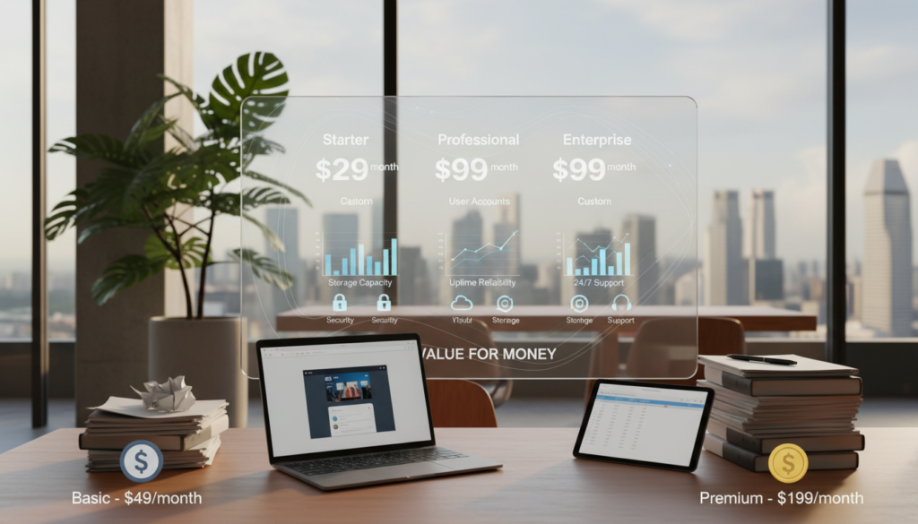 A modern virtual office space showcasing a comparison of pricing with sleek, photorealistic design elements. In the foreground, create a polished wooden desk with a laptop and stacks of paperwork, symbolizing both cheap and premium options. In the middle, a high-quality glass partition displays a digital dashboard showing pricing tiers, with data visualizations and icons representing value for money. The background features a stylish, minimalist office interior, filled with indoor plants and a large window revealing a cityscape of Singapore, bathed in natural light. Utilize soft, diffused lighting to create an inviting atmosphere, with a depth of field focusing on the desk and dashboard, reflecting professionalism and modernity in the context of office space costs.
