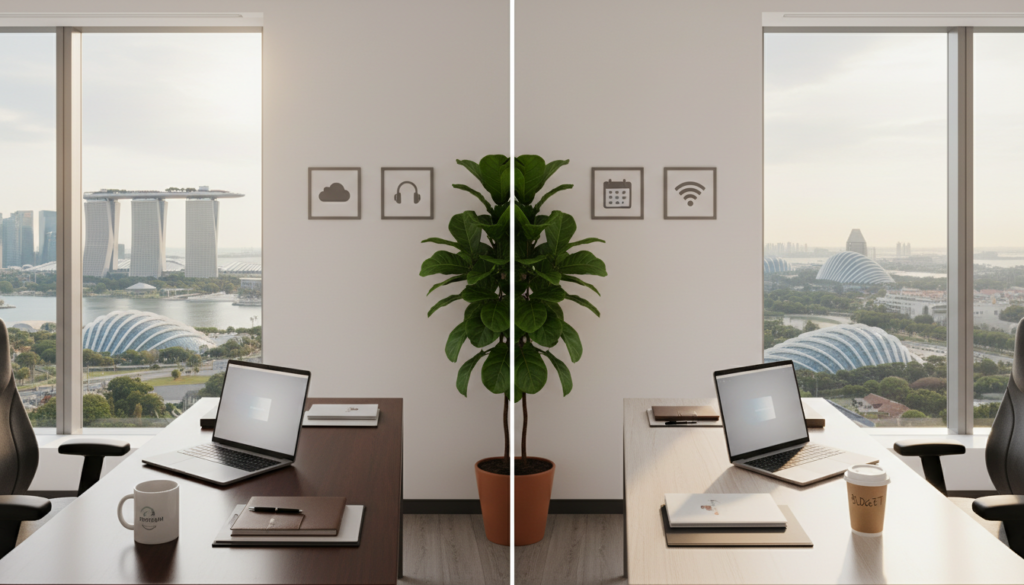A modern virtual office workspace showcasing a split scene representing affordable and premium virtual office services. In the foreground, a sleek desk with a high-quality laptop, business documents, and a stylish coffee mug on one side, symbolizing premium offerings. On the other side, a simpler setup with a basic laptop, minimal documents, and an economical coffee cup, representing budget-friendly options. In the middle ground, a wall adorned with framed digital services icons and a potted plant adding a touch of greenery. The background features a bright, spacious view of Singapore’s skyline through a large, modern window, with soft, warm lighting creating a professional yet inviting atmosphere. The image captures a balance of sophistication and practicality in the virtual office concept.