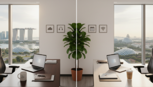 A modern virtual office workspace showcasing a split scene representing affordable and premium virtual office services. In the foreground, a sleek desk with a high-quality laptop, business documents, and a stylish coffee mug on one side, symbolizing premium offerings. On the other side, a simpler setup with a basic laptop, minimal documents, and an economical coffee cup, representing budget-friendly options. In the middle ground, a wall adorned with framed digital services icons and a potted plant adding a touch of greenery. The background features a bright, spacious view of Singapore’s skyline through a large, modern window, with soft, warm lighting creating a professional yet inviting atmosphere. The image captures a balance of sophistication and practicality in the virtual office concept.