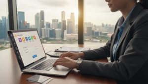 A photorealistic close-up of a business professional in a sleek, modern office setting, engaged in a digital payment transaction. The foreground features a laptop screen displaying a digital wallet interface with various cryptocurrencies and payment options. The professional, dressed in smart business attire, is focused on the screen, exemplifying a transaction processing moment. In the middle ground, a stylish desk with financial documents, payment cards, and a sophisticated calculator is arranged neatly. The background shows a panoramic view of Singapore's skyline through large glass windows, bathed in soft, natural light from the afternoon sun, creating a mood of innovation and efficiency in digital payments. The composition captures the essence of modern financial transactions.