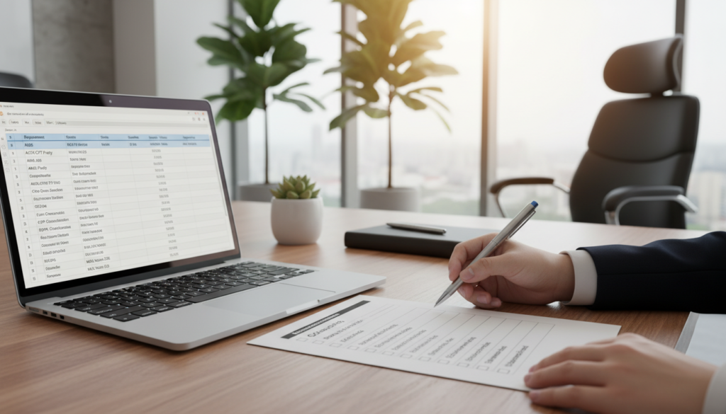 A photorealistic compliance checklist on a sleek wooden desk in a modern office environment. In the foreground, a detailed checklist, neatly formatted with checkboxes, includes items representing statutory requirements. Beside it, a professional laptop with a spreadsheet open, showcasing data related to Singapore compliance. In the middle, a pair of hands in formal attire holding a pen, ready to check off items on the checklist. The background features a large window with soft, natural light streaming in, illuminating potted plants and a contemporary office chair. The overall atmosphere is productive and organized, reflecting a sense of diligence and professionalism in compliance management. A photorealistic compliance checklist on a sleek wooden desk in a modern office environment. In the foreground, a detailed checklist, neatly formatted with checkboxes, includes items representing statutory requirements. Beside it, a professional laptop with a spreadsheet open, showcasing data related to Singapore compliance. In the middle, a pair of hands in formal attire holding a pen, ready to check off items on the checklist. The background features a large window with soft, natural light streaming in, illuminating potted plants and a contemporary office chair. The overall atmosphere is productive and organized, reflecting a sense of diligence and professionalism in compliance management.